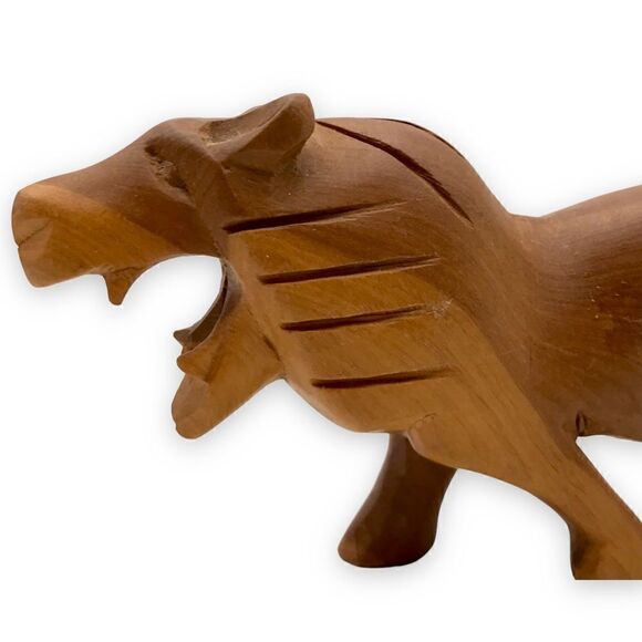 Vintage Hand Carved Hardwood Decorative Lions Big Cats Pair (2) - Picture 7 of 16